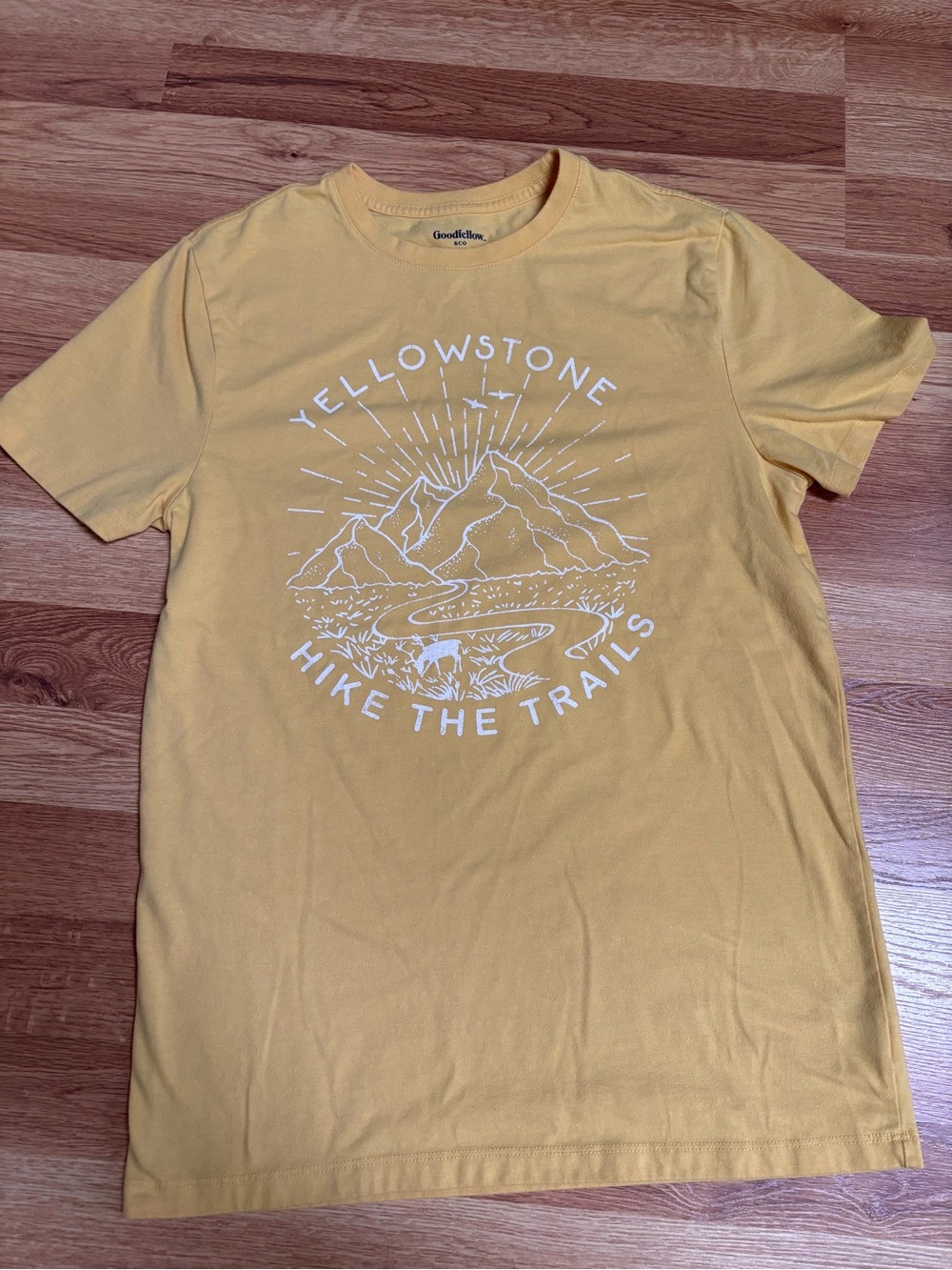Goodfellow & Co Mens Yellowstone Hike The Trails Graphic T-Shirt Yellow Small